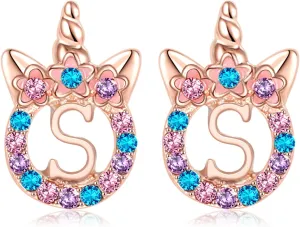 Unicorns Hypoallergenic Stud Earrings CZ Initial Letter Stud Earrings Unicorns Jewelry Gifts for Girls 3 years old  