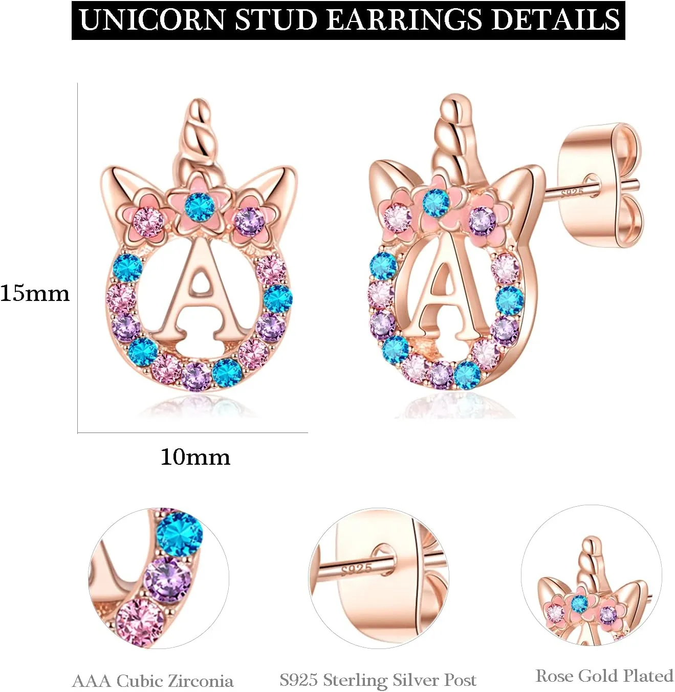 Unicorns Hypoallergenic Stud Earrings CZ Initial Letter Stud Earrings Unicorns Jewelry Gifts for Girls 3 years old  