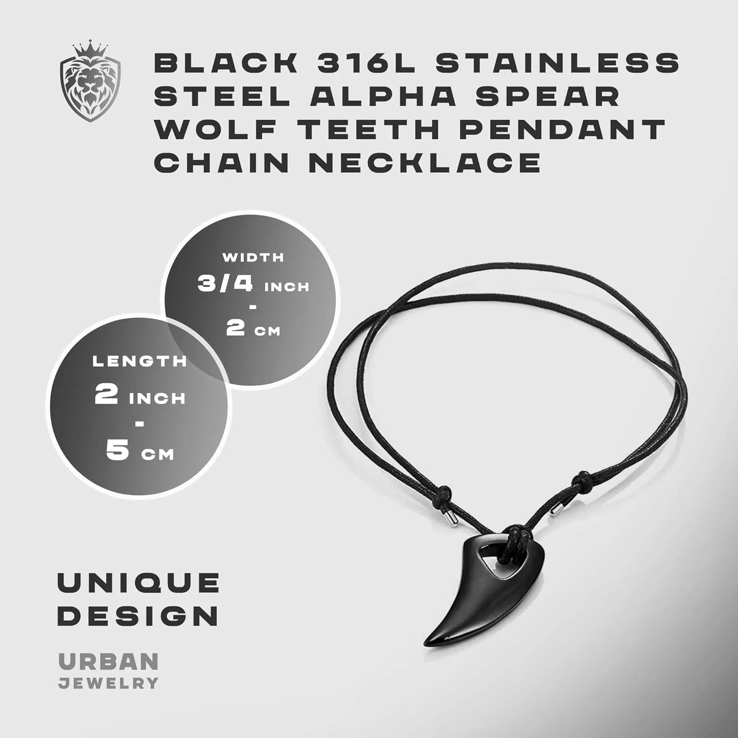 Urban Jewelry Men's Black 316l Stainless Steel Alpha Spear Wolf Teeth Pendant Chain Necklace