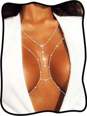 Urieo Sparkly Beads Bra Chain Silver Crystal Chest Chains Rhinestone Layered Sexy Nightclub Beach Rave Body Chain for Women