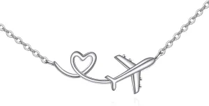 URONE Airplane Necklace 925 Sterling Silver Heart Airplane Pendant Aircraft Jewelry Gifts for Women Men