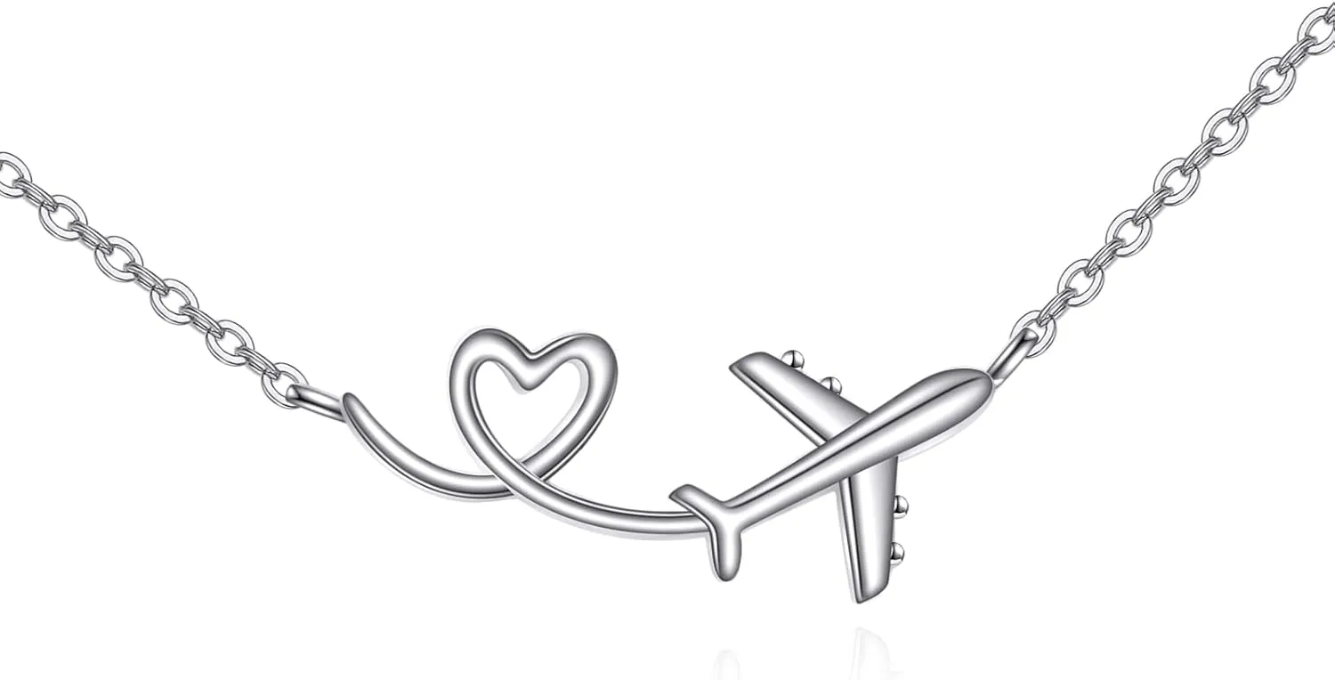 URONE Airplane Necklace 925 Sterling Silver Heart Airplane Pendant Aircraft Jewelry Gifts for Women Men