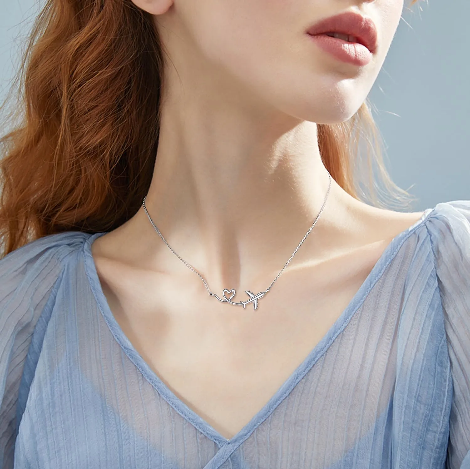 URONE Airplane Necklace 925 Sterling Silver Heart Airplane Pendant Aircraft Jewelry Gifts for Women Men