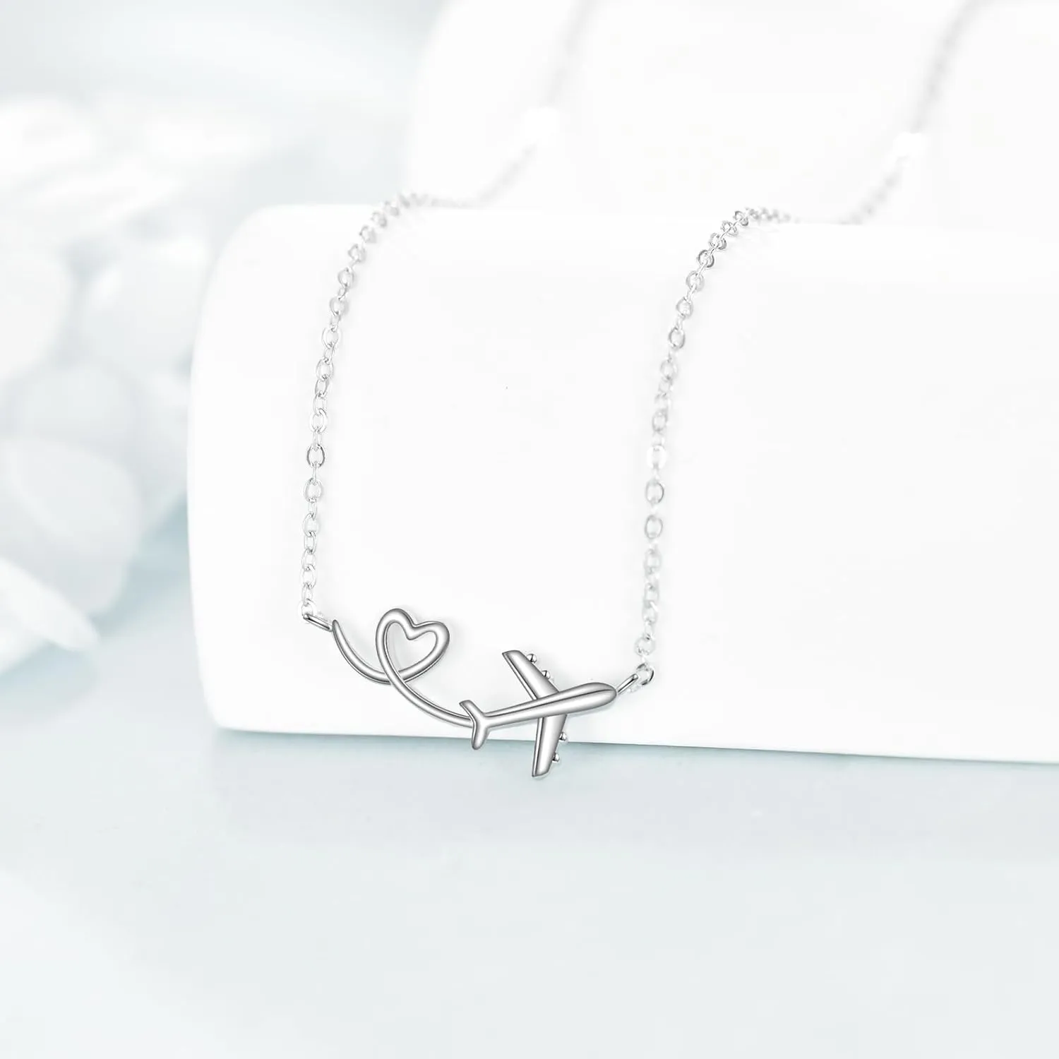 URONE Airplane Necklace 925 Sterling Silver Heart Airplane Pendant Aircraft Jewelry Gifts for Women Men