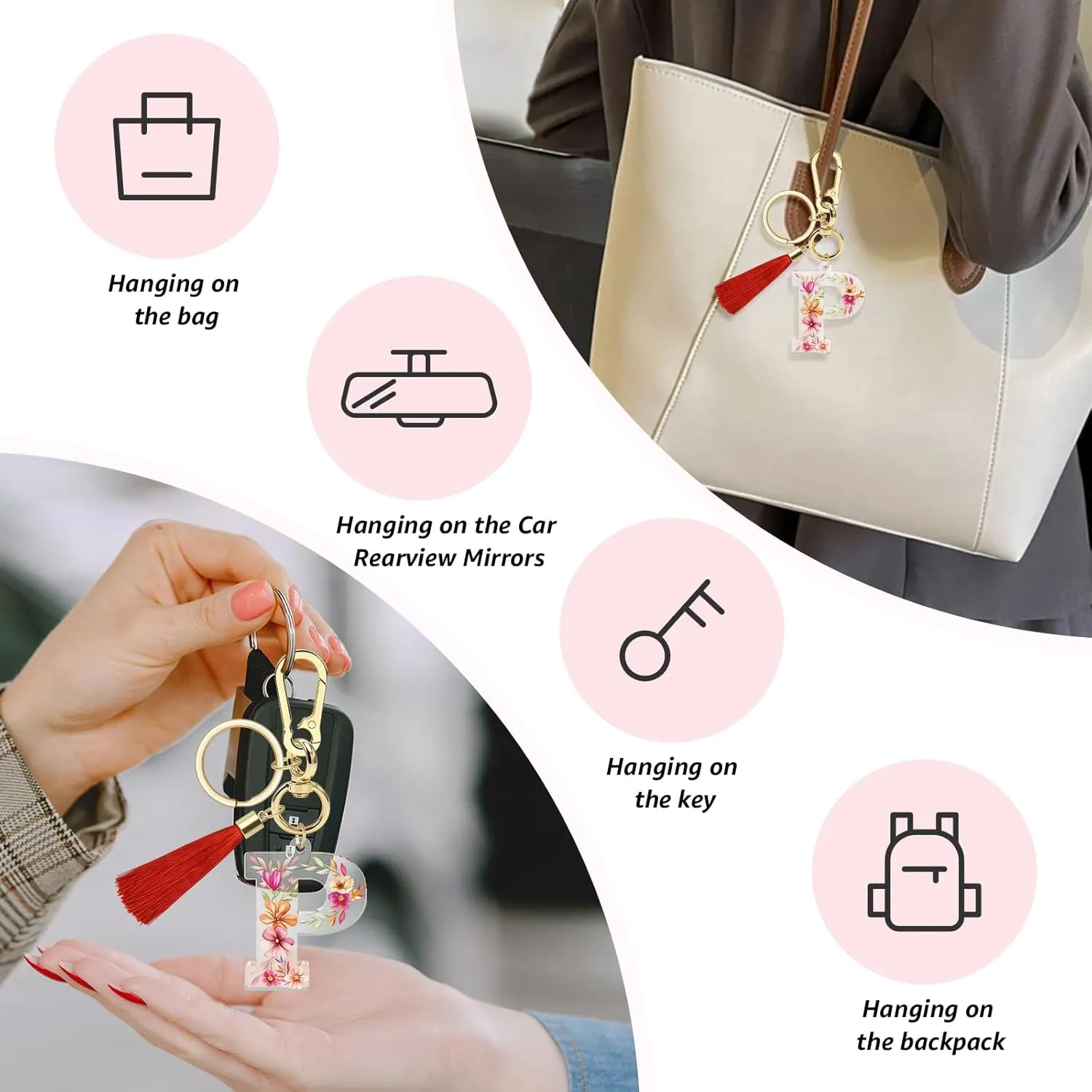 Vadaka Initial Letter Keychain for Women Girls Tassel Letter Keychain for Backpack Key Chains for Kids Backpack Key Chain