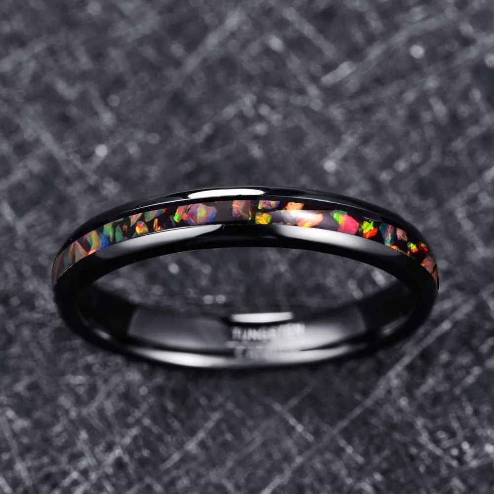 Vakki 4mm 8mm Black Tungsten Rings Inlaid with Crushed Created Opal Wedding Engagement Band for Men Comfort Fit Size 4-12