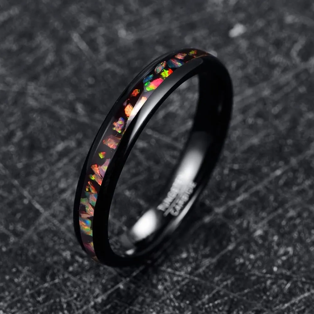 Vakki 4mm 8mm Black Tungsten Rings Inlaid with Crushed Created Opal Wedding Engagement Band for Men Comfort Fit Size 4-12