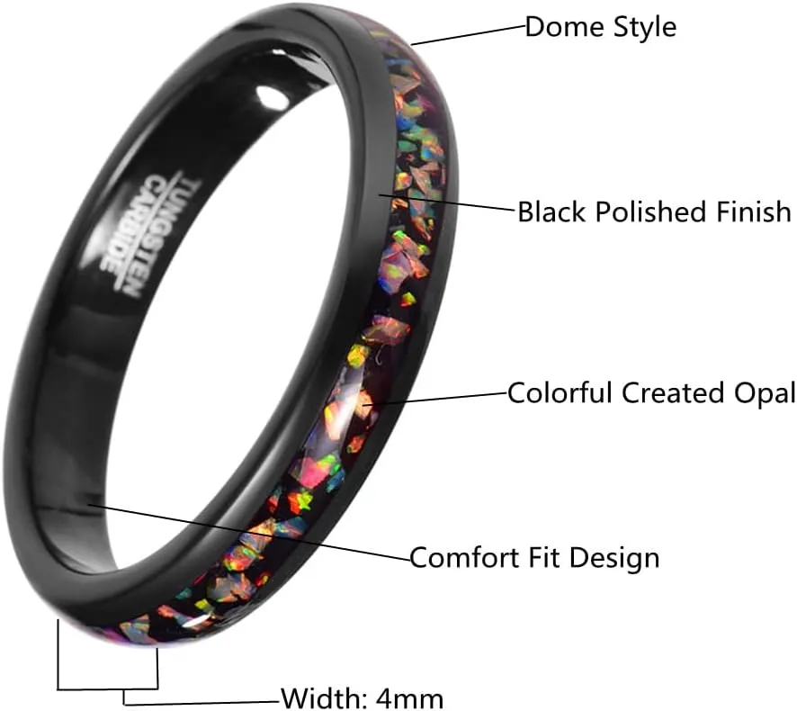 Vakki 4mm 8mm Black Tungsten Rings Inlaid with Crushed Created Opal Wedding Engagement Band for Men Comfort Fit Size 4-12