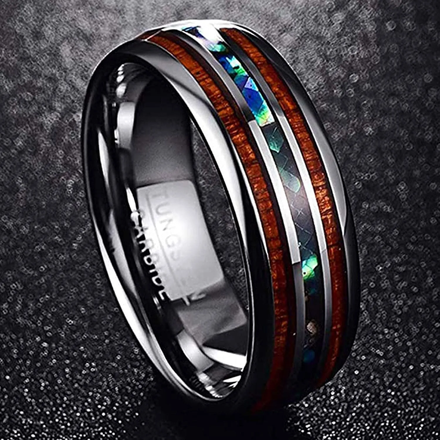 Vakki 6mm/8mm Tungsten Rings for Men Hawaiian Koa Wood Inlay Dome Abalone Shell/Blue Center Wedding Bands Comfort Fit Size 4 to 17