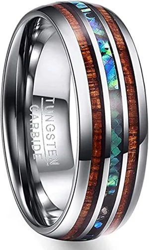 Vakki 6mm/8mm Tungsten Rings for Men Hawaiian Koa Wood Inlay Dome Abalone Shell/Blue Center Wedding Bands Comfort Fit Size 4 to 17