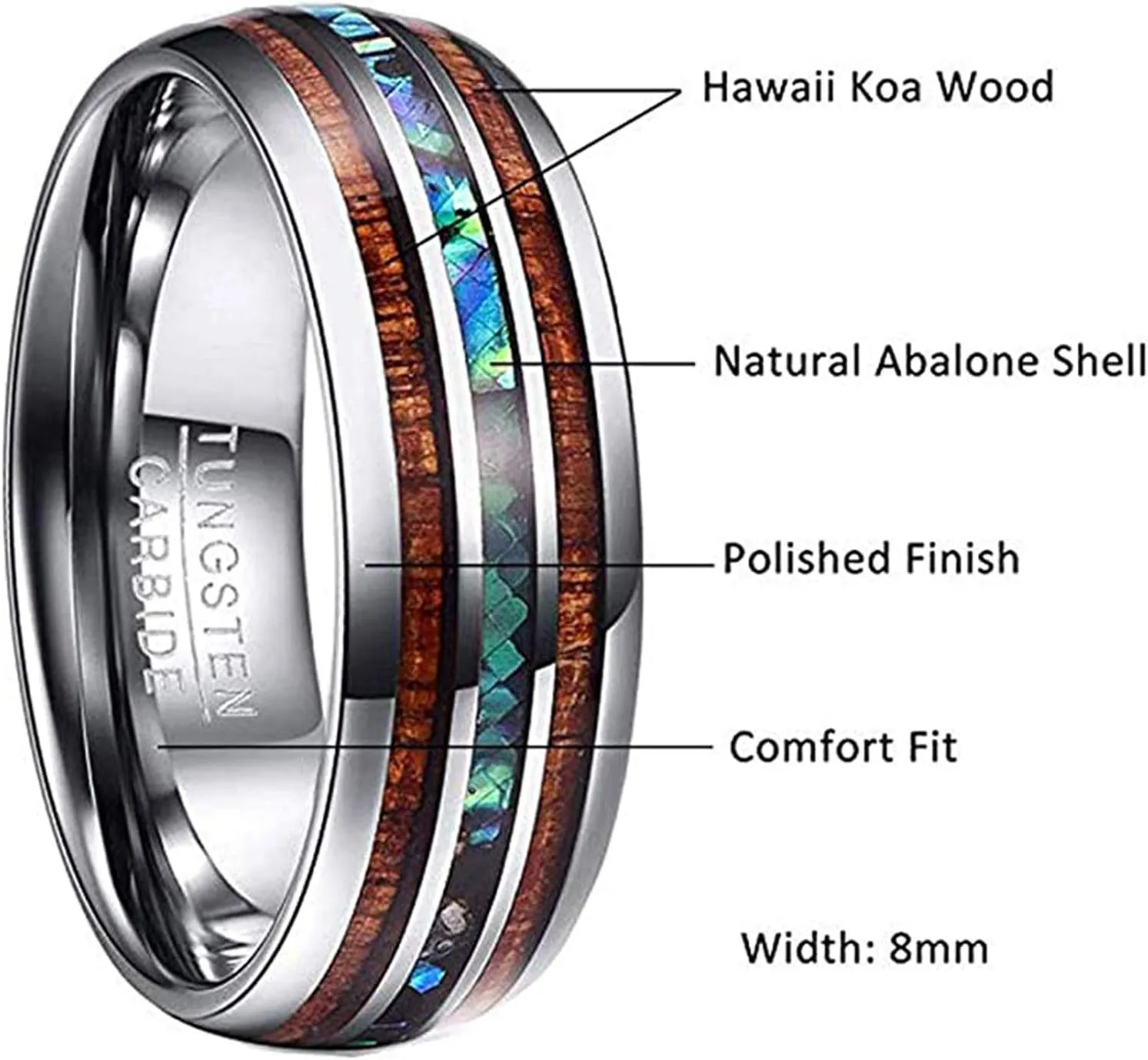 Vakki 6mm/8mm Tungsten Rings for Men Hawaiian Koa Wood Inlay Dome Abalone Shell/Blue Center Wedding Bands Comfort Fit Size 4 to 17