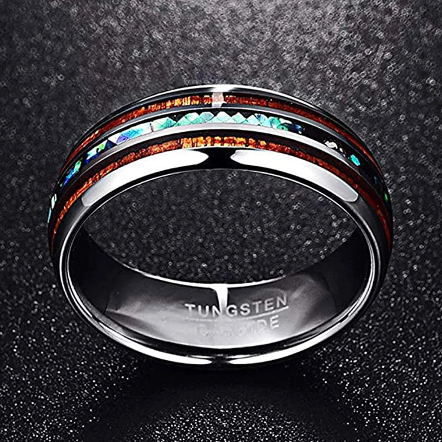 Vakki 6mm/8mm Tungsten Rings for Men Hawaiian Koa Wood Inlay Dome Abalone Shell/Blue Center Wedding Bands Comfort Fit Size 4 to 17