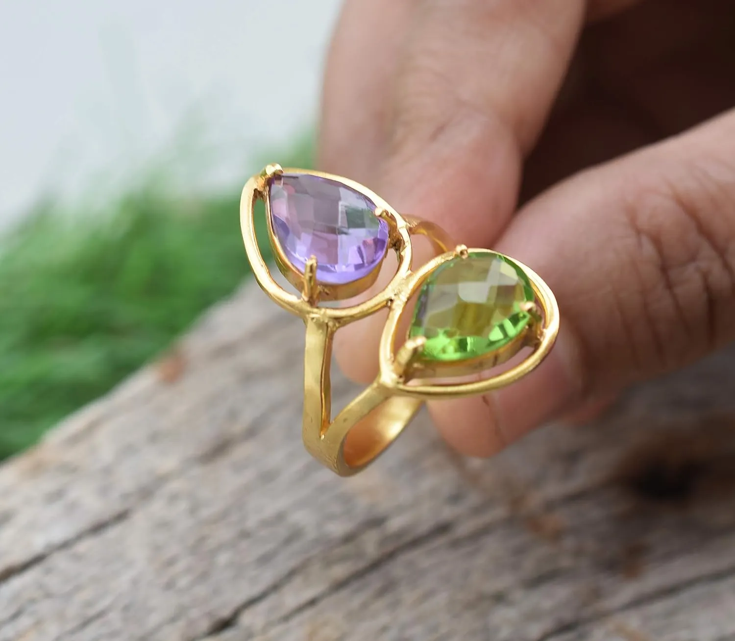 Veracity Jewelry Gold Plated Gemstone Rings For Women & Girls - Jewelry For Women's Birthday Anniversary Wife Mom Girlfriend Sister - Handmade Gifts (Amethyst and peridot)