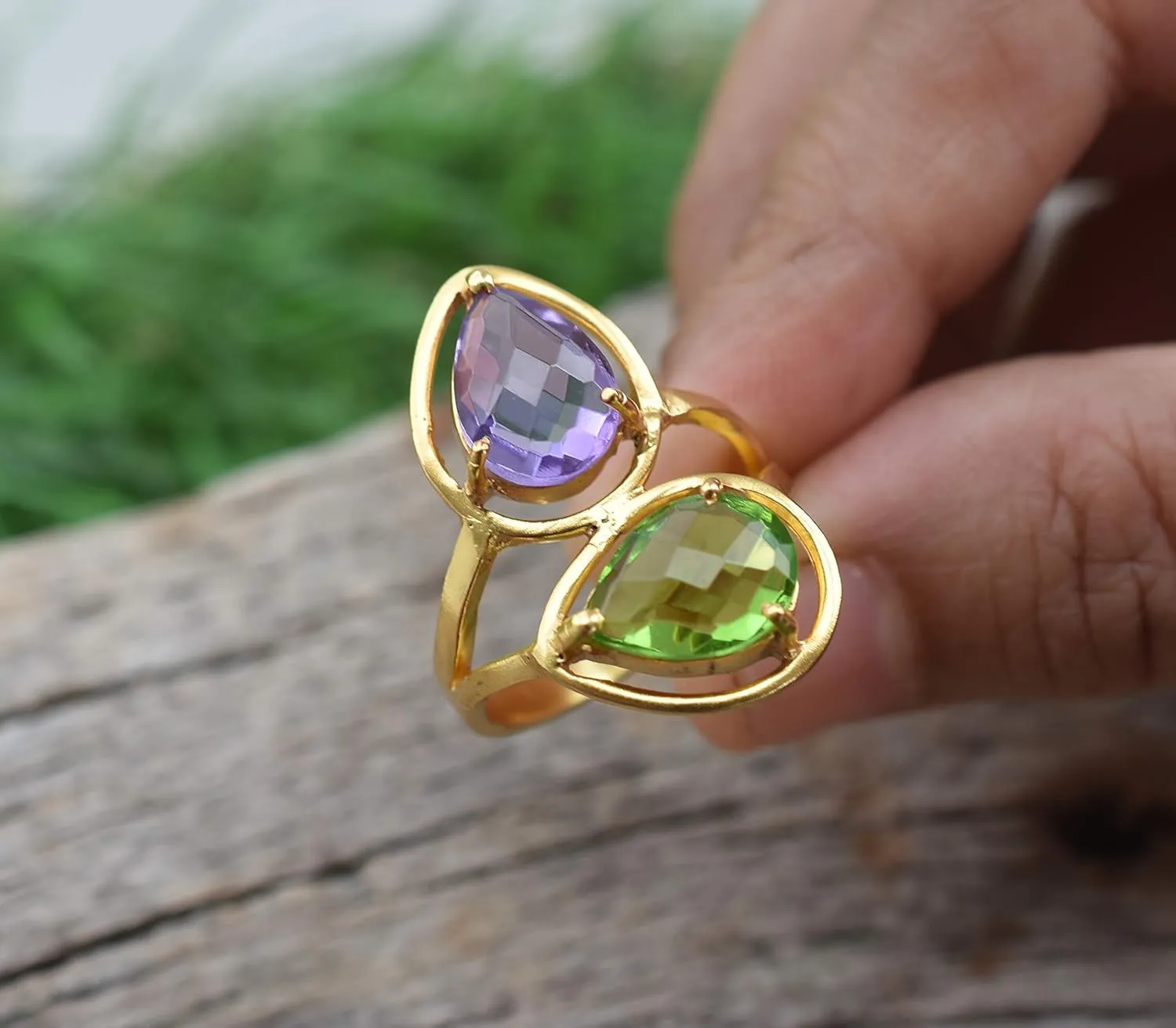 Veracity Jewelry Gold Plated Gemstone Rings For Women & Girls - Jewelry For Women's Birthday Anniversary Wife Mom Girlfriend Sister - Handmade Gifts (Amethyst and peridot)