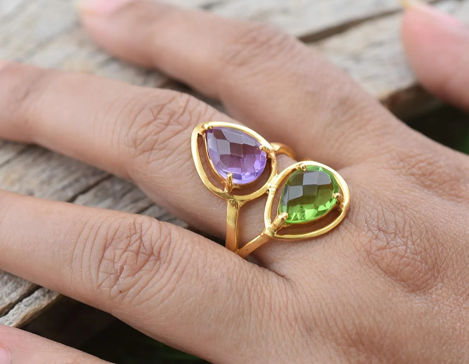 Veracity Jewelry Gold Plated Gemstone Rings For Women & Girls - Jewelry For Women's Birthday Anniversary Wife Mom Girlfriend Sister - Handmade Gifts (Amethyst and peridot)