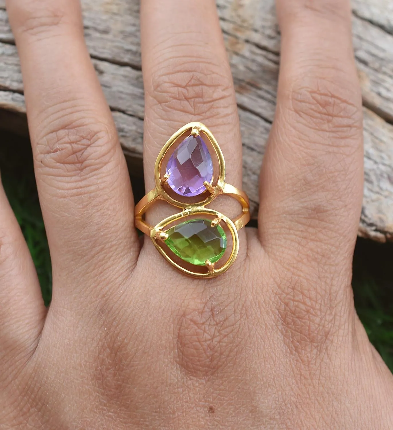 Veracity Jewelry Gold Plated Gemstone Rings For Women & Girls - Jewelry For Women's Birthday Anniversary Wife Mom Girlfriend Sister - Handmade Gifts (Amethyst and peridot)