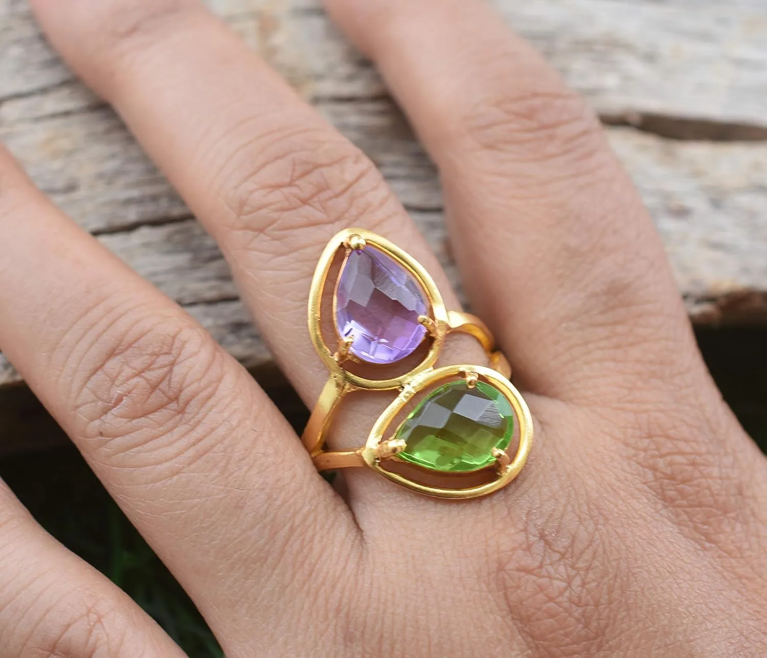 Veracity Jewelry Gold Plated Gemstone Rings For Women & Girls - Jewelry For Women's Birthday Anniversary Wife Mom Girlfriend Sister - Handmade Gifts (Amethyst and peridot)