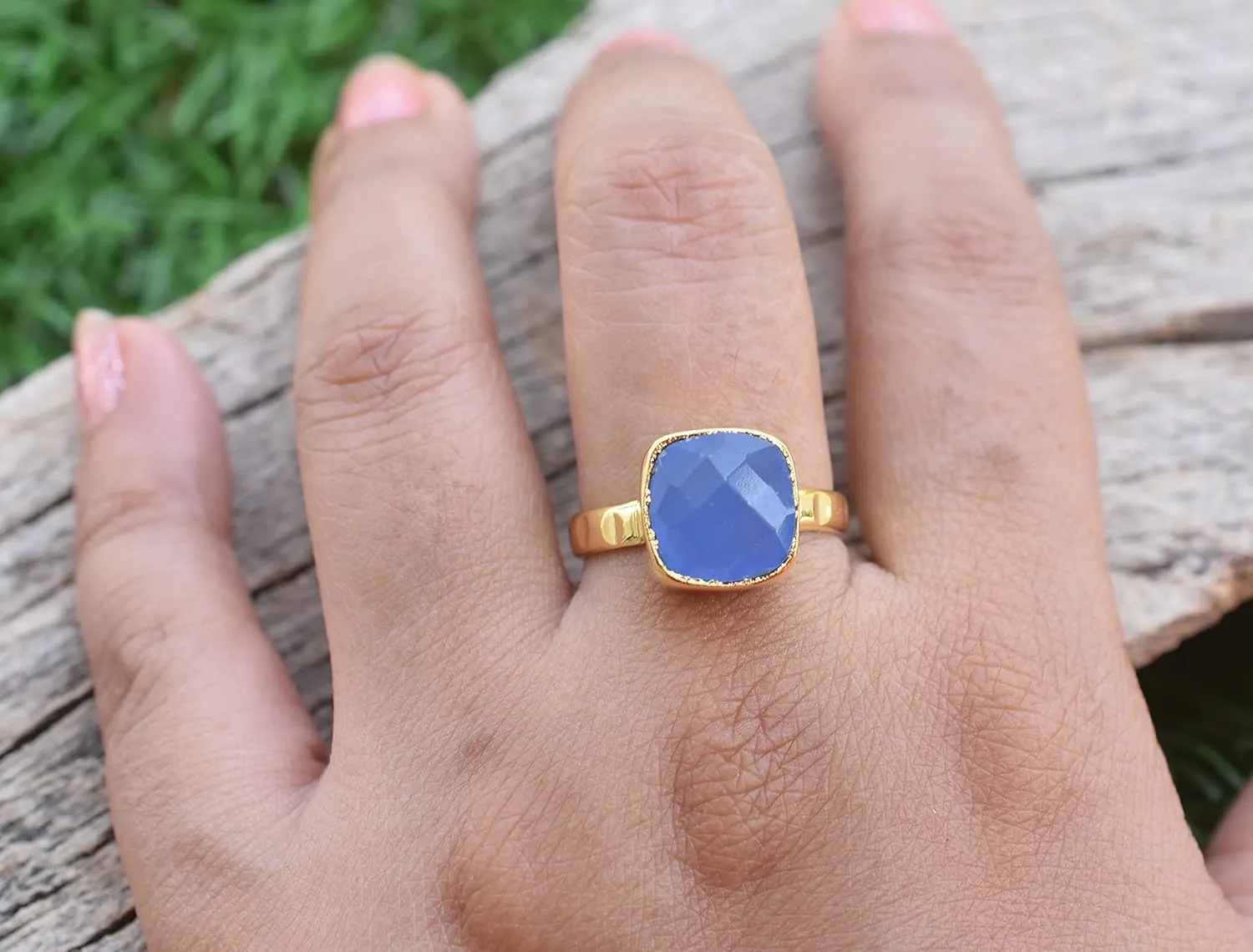 Veracity Jewelry Gold Plated Gemstone Rings For Women & Girls - Jewelry For Women's Birthday Anniversary Wife Mom Girlfriend Sister - Western Style Handmade Jewelry (Blue chalcedony)