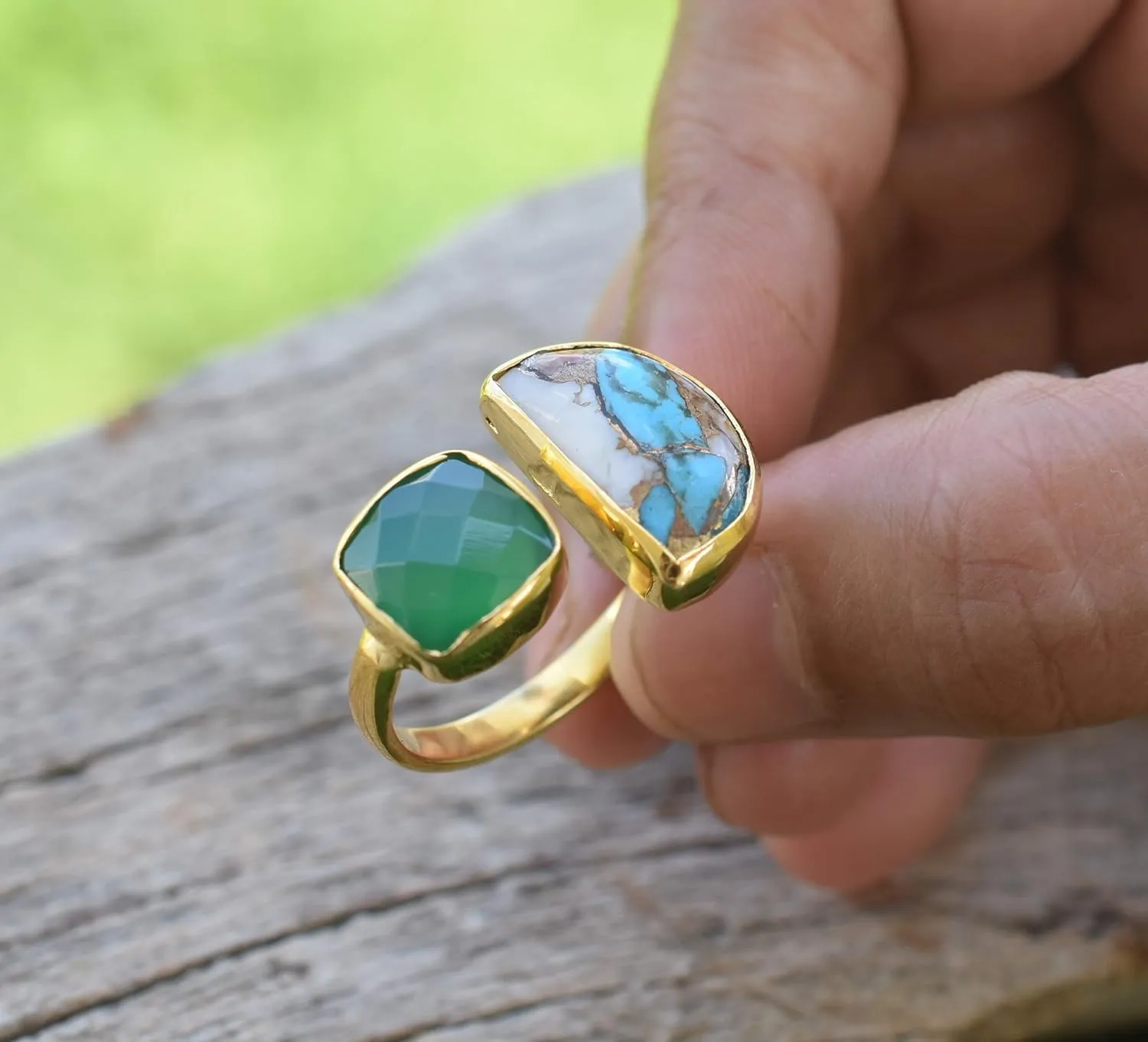 Veracity Jewelry Gold Plated Multi Gemstone Rings For Women & Girls - Jewelry For Women's Birthday Anniversary Wife Mom Girlfriend Sister - Handmade Gifts (Oyster copper turquoise and green onyx)