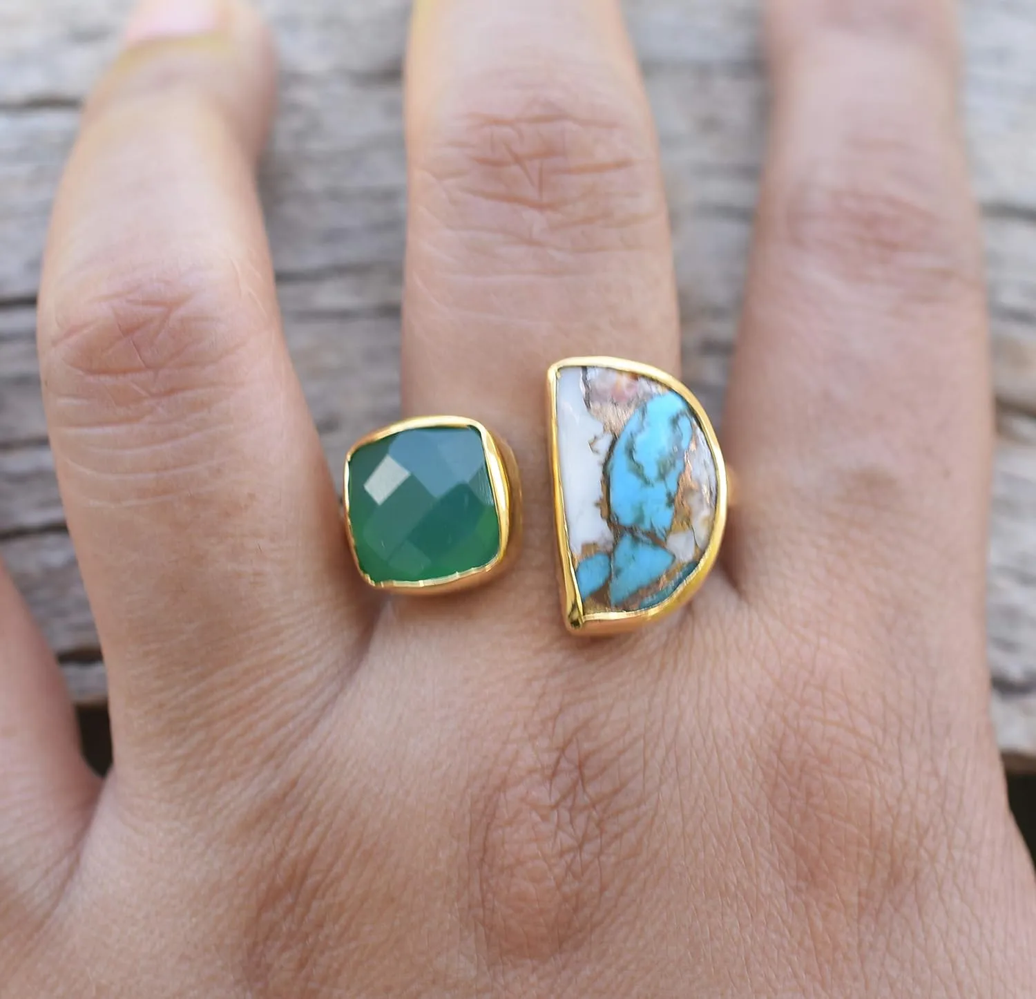 Veracity Jewelry Gold Plated Multi Gemstone Rings For Women & Girls - Jewelry For Women's Birthday Anniversary Wife Mom Girlfriend Sister - Handmade Gifts (Oyster copper turquoise and green onyx)