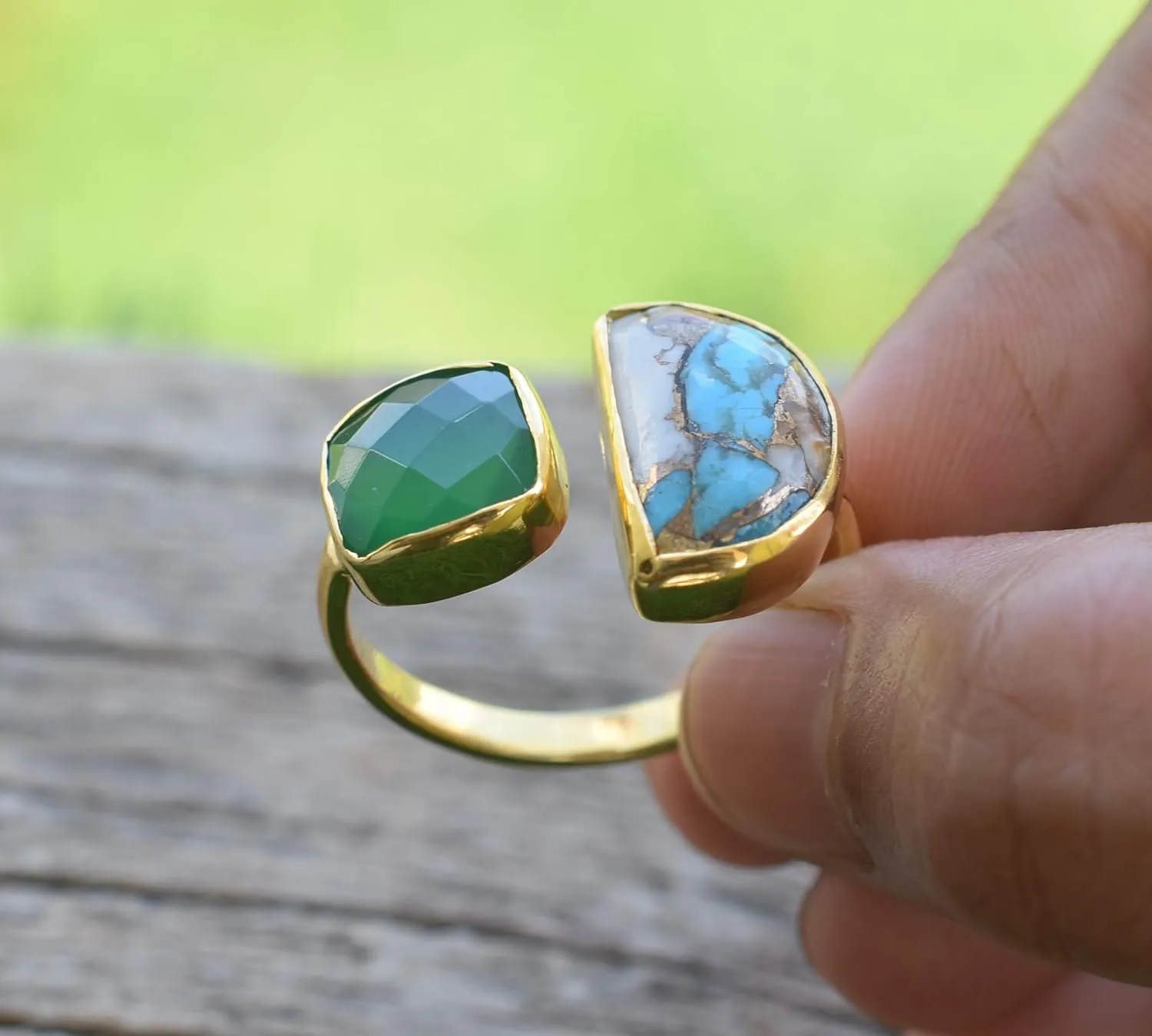 Veracity Jewelry Gold Plated Multi Gemstone Rings For Women & Girls - Jewelry For Women's Birthday Anniversary Wife Mom Girlfriend Sister - Handmade Gifts (Oyster copper turquoise and green onyx)