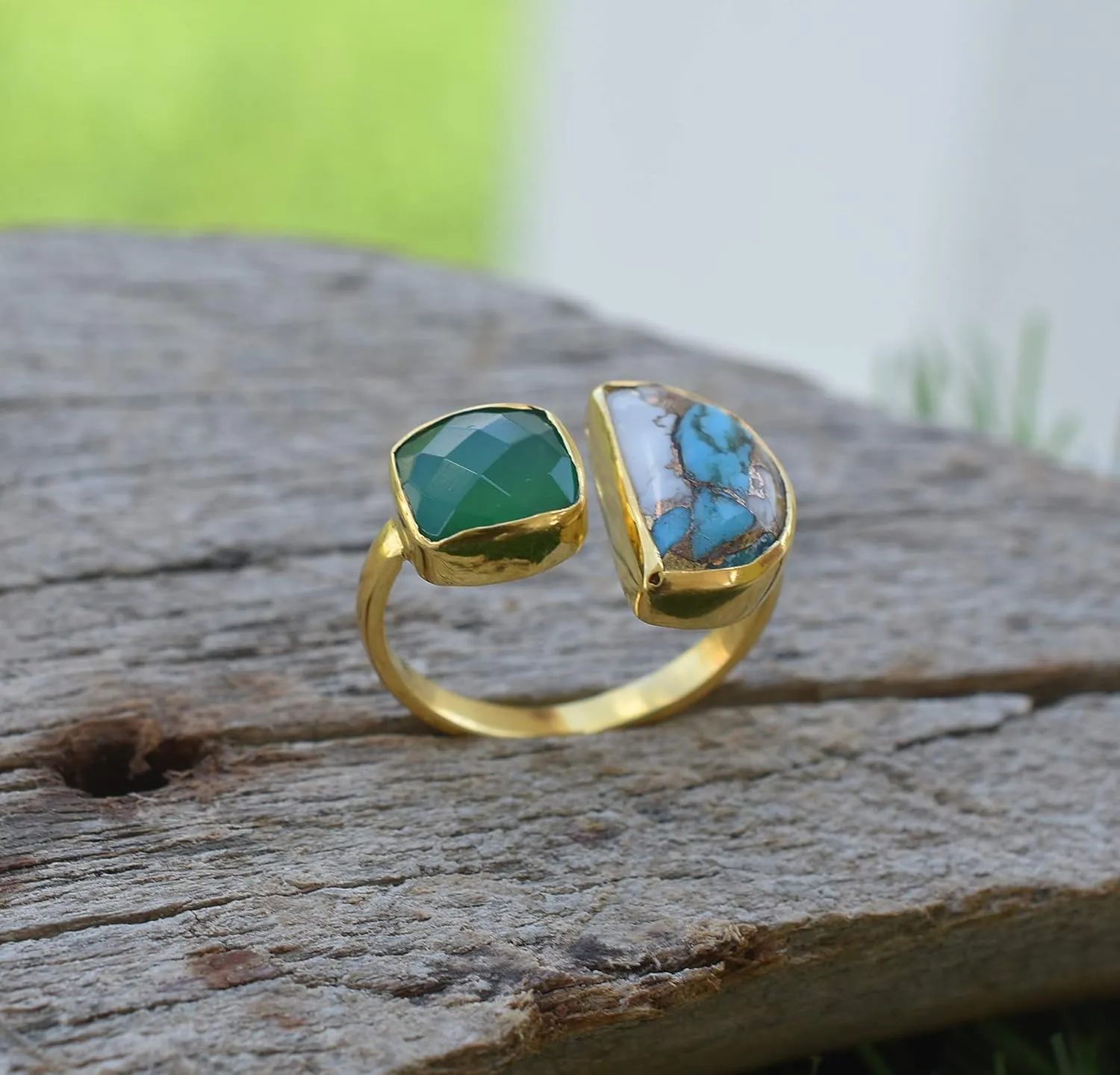 Veracity Jewelry Gold Plated Multi Gemstone Rings For Women & Girls - Jewelry For Women's Birthday Anniversary Wife Mom Girlfriend Sister - Handmade Gifts (Oyster copper turquoise and green onyx)