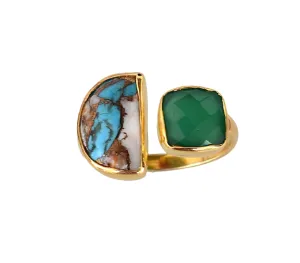 Veracity Jewelry Gold Plated Multi Gemstone Rings For Women & Girls - Jewelry For Women's Birthday Anniversary Wife Mom Girlfriend Sister - Handmade Gifts (Oyster copper turquoise and green onyx)