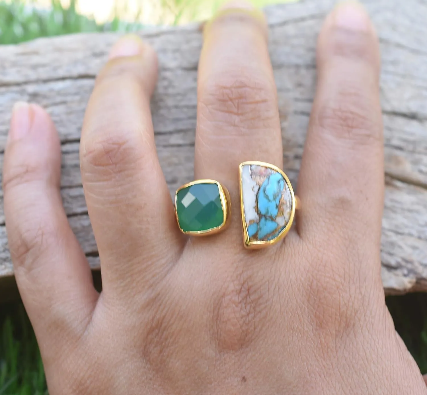 Veracity Jewelry Gold Plated Multi Gemstone Rings For Women & Girls - Jewelry For Women's Birthday Anniversary Wife Mom Girlfriend Sister - Handmade Gifts (Oyster copper turquoise and green onyx)