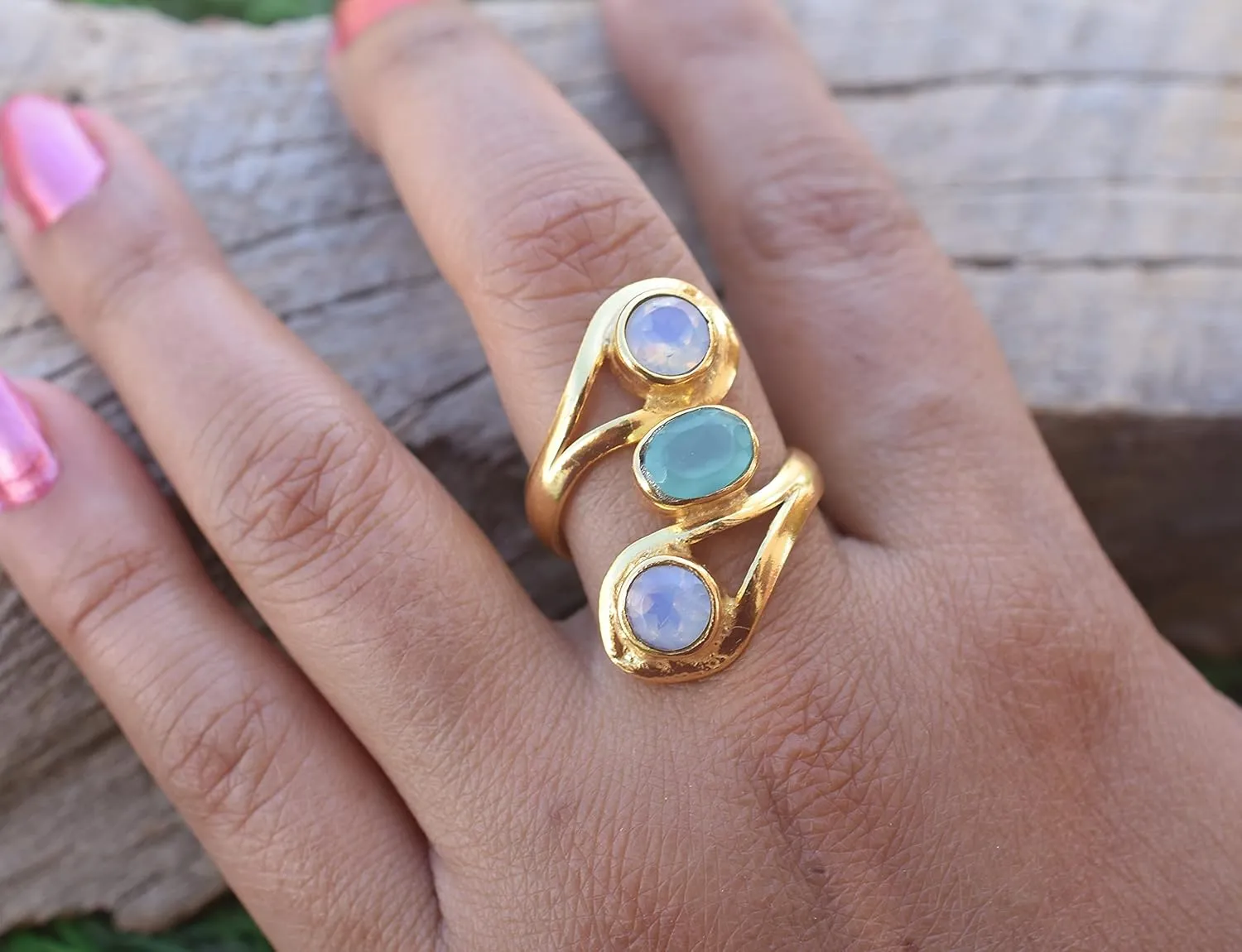 Veracity Jewelry Gold Plated Multi Gemstone Rings For Women & Girls - Jewelry For Women's Birthday Anniversary Wife Mom Girlfriend Sister - Handmade Jewelry (Fire opal and aqua chalcedony)