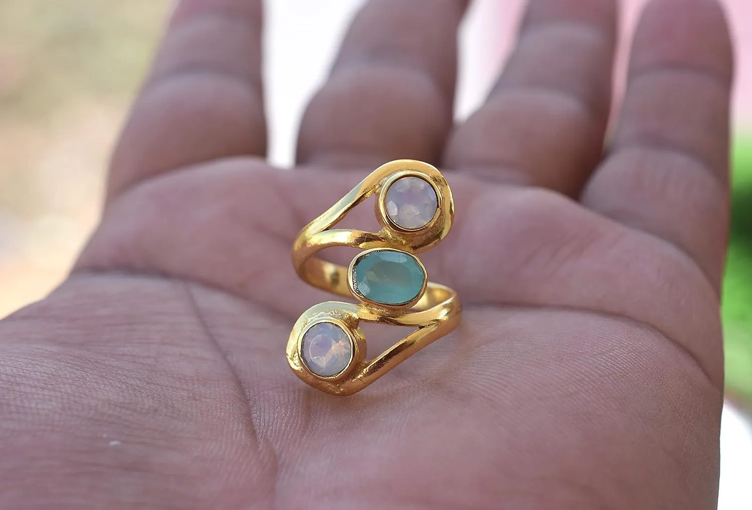 Veracity Jewelry Gold Plated Multi Gemstone Rings For Women & Girls - Jewelry For Women's Birthday Anniversary Wife Mom Girlfriend Sister - Handmade Jewelry (Fire opal and aqua chalcedony)