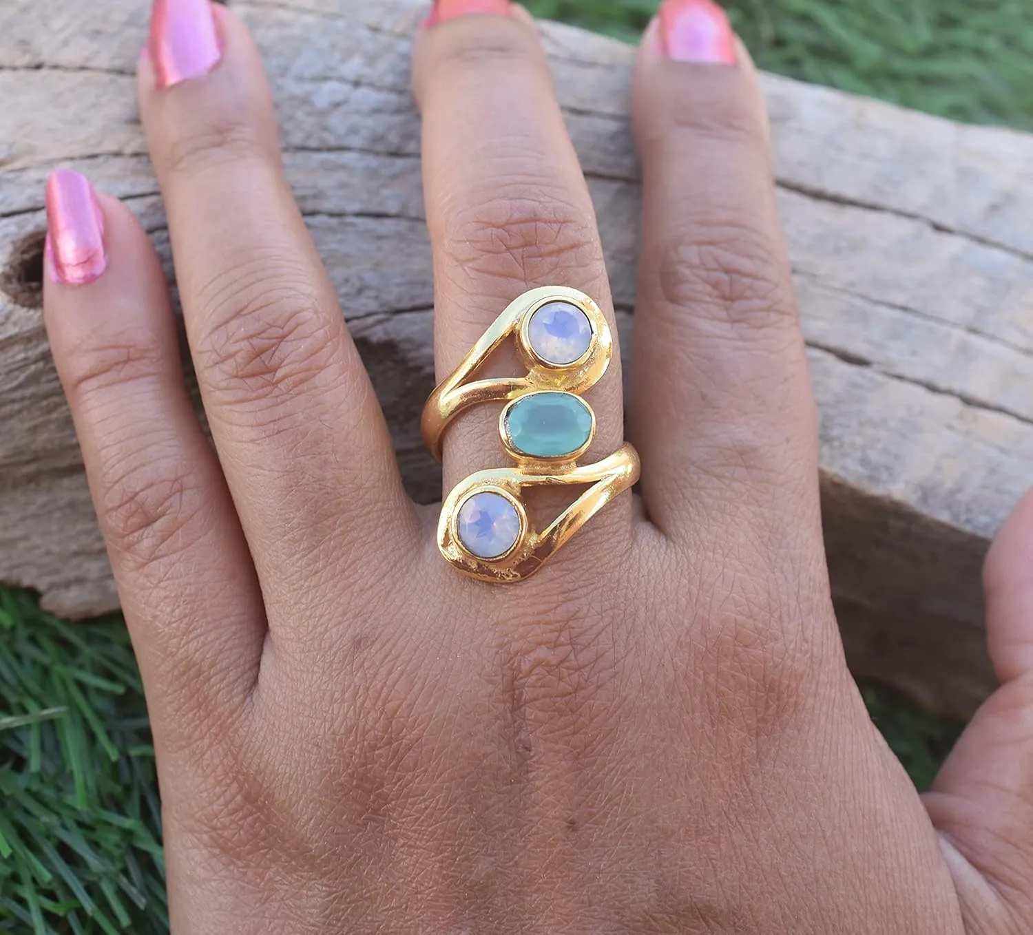 Veracity Jewelry Gold Plated Multi Gemstone Rings For Women & Girls - Jewelry For Women's Birthday Anniversary Wife Mom Girlfriend Sister - Handmade Jewelry (Fire opal and aqua chalcedony)