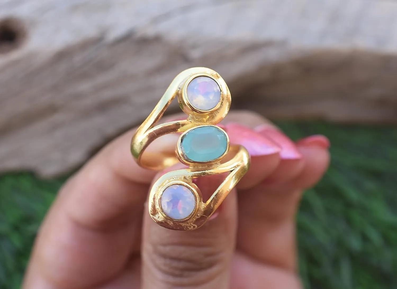 Veracity Jewelry Gold Plated Multi Gemstone Rings For Women & Girls - Jewelry For Women's Birthday Anniversary Wife Mom Girlfriend Sister - Handmade Jewelry (Fire opal and aqua chalcedony)