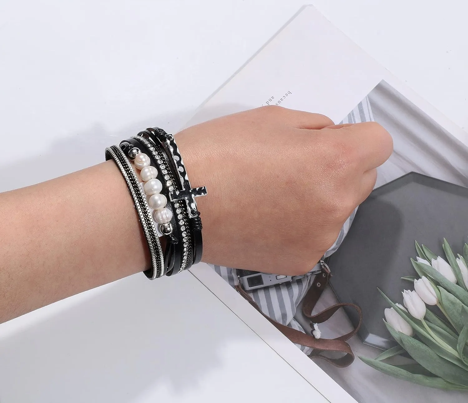 Vercret Leather Wrap Bracelet for Women - Multi-Layer Bracelets with Magnetic Clasp Bangle Cuff Stacked Bracelet for lady and Mother