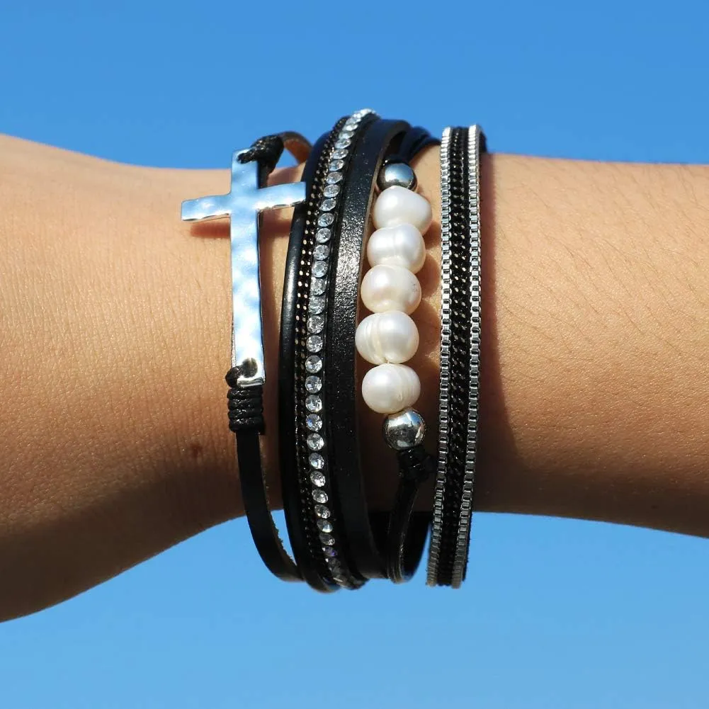 Vercret Leather Wrap Bracelet for Women - Multi-Layer Bracelets with Magnetic Clasp Bangle Cuff Stacked Bracelet for lady and Mother
