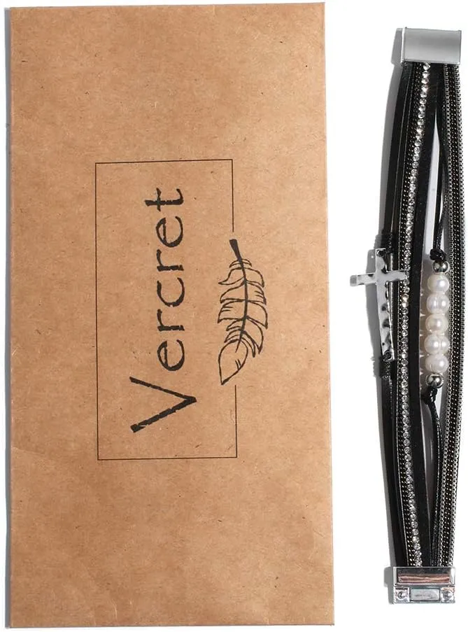 Vercret Leather Wrap Bracelet for Women - Multi-Layer Bracelets with Magnetic Clasp Bangle Cuff Stacked Bracelet for lady and Mother