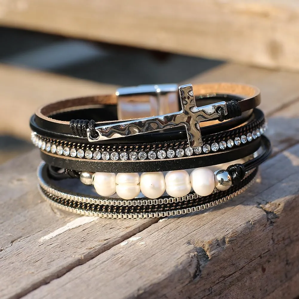 Vercret Leather Wrap Bracelet for Women - Multi-Layer Bracelets with Magnetic Clasp Bangle Cuff Stacked Bracelet for lady and Mother