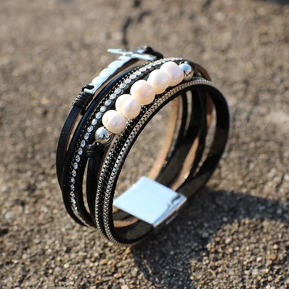 Vercret Leather Wrap Bracelet for Women - Multi-Layer Bracelets with Magnetic Clasp Bangle Cuff Stacked Bracelet for lady and Mother