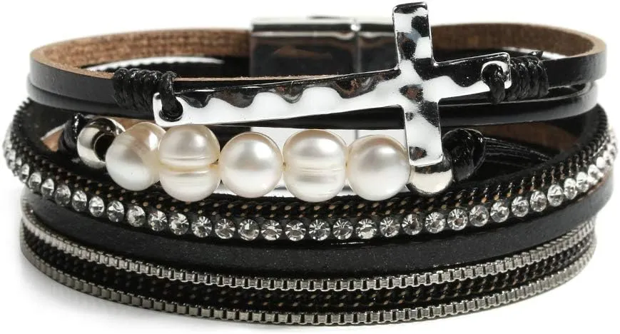 Vercret Leather Wrap Bracelet for Women - Multi-Layer Bracelets with Magnetic Clasp Bangle Cuff Stacked Bracelet for lady and Mother