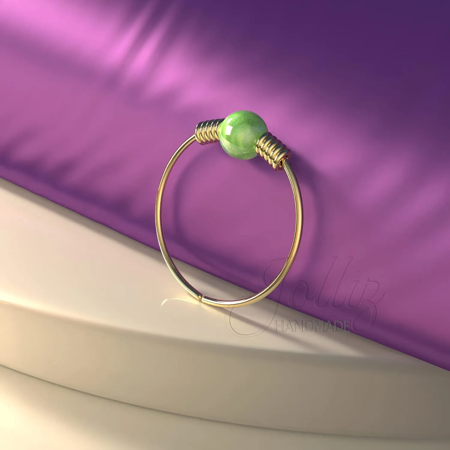 Very Thin Gold Nose Ring With Green Opal - 24 Gauge 14K Gold Nose Piercing Hoop - Hypoallergenic Nose Rings