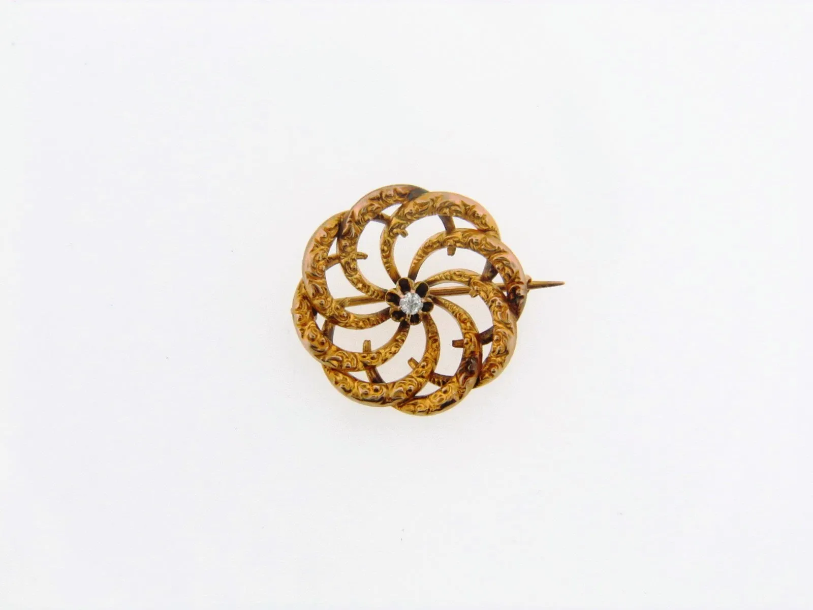 Victorian 18K Yellow Gold Swirl Motif Diamond Pin