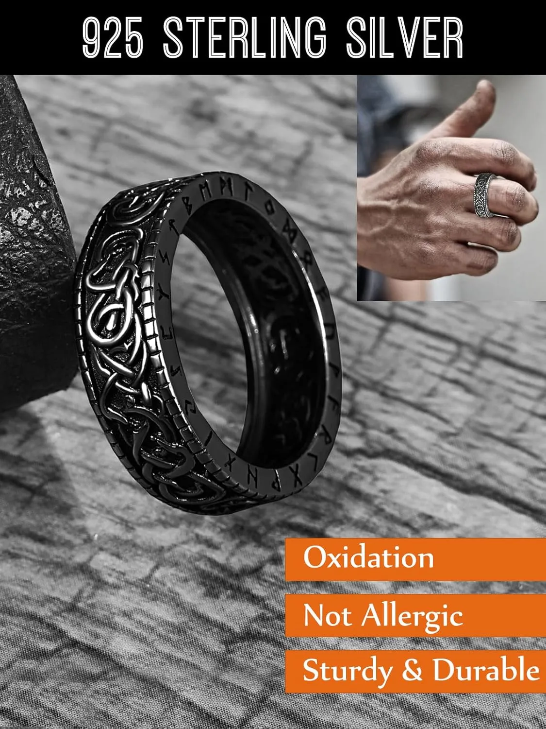Viking Rings for Men, 925 Sterling Silver Norse Urnes Style Viking Rings, Viking Jewelry Gifts for Men Ring Size 5-15 (with Gift Box)