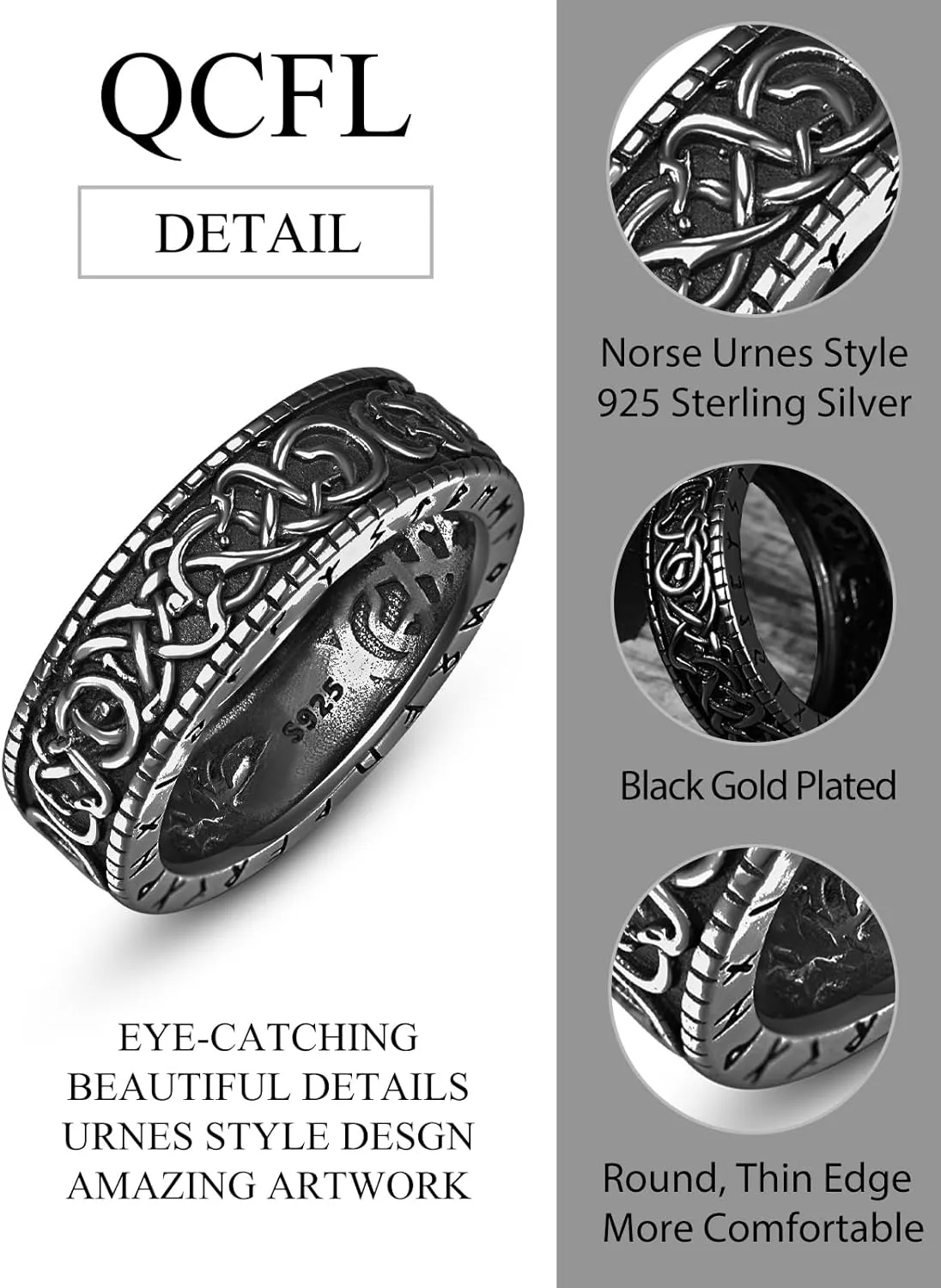 Viking Rings for Men, 925 Sterling Silver Norse Urnes Style Viking Rings, Viking Jewelry Gifts for Men Ring Size 5-15 (with Gift Box)