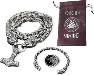Viking Stainless Steel Wolf Necklace Chain Jewelry Set for Men - Nordic Leather Wrist Bracelet Talisman, Medieval Ghotic Ring - Scandinavian Rune Amulets Accessories - Thor's Hammer Mjolnir, Norse Pendant Jewelry