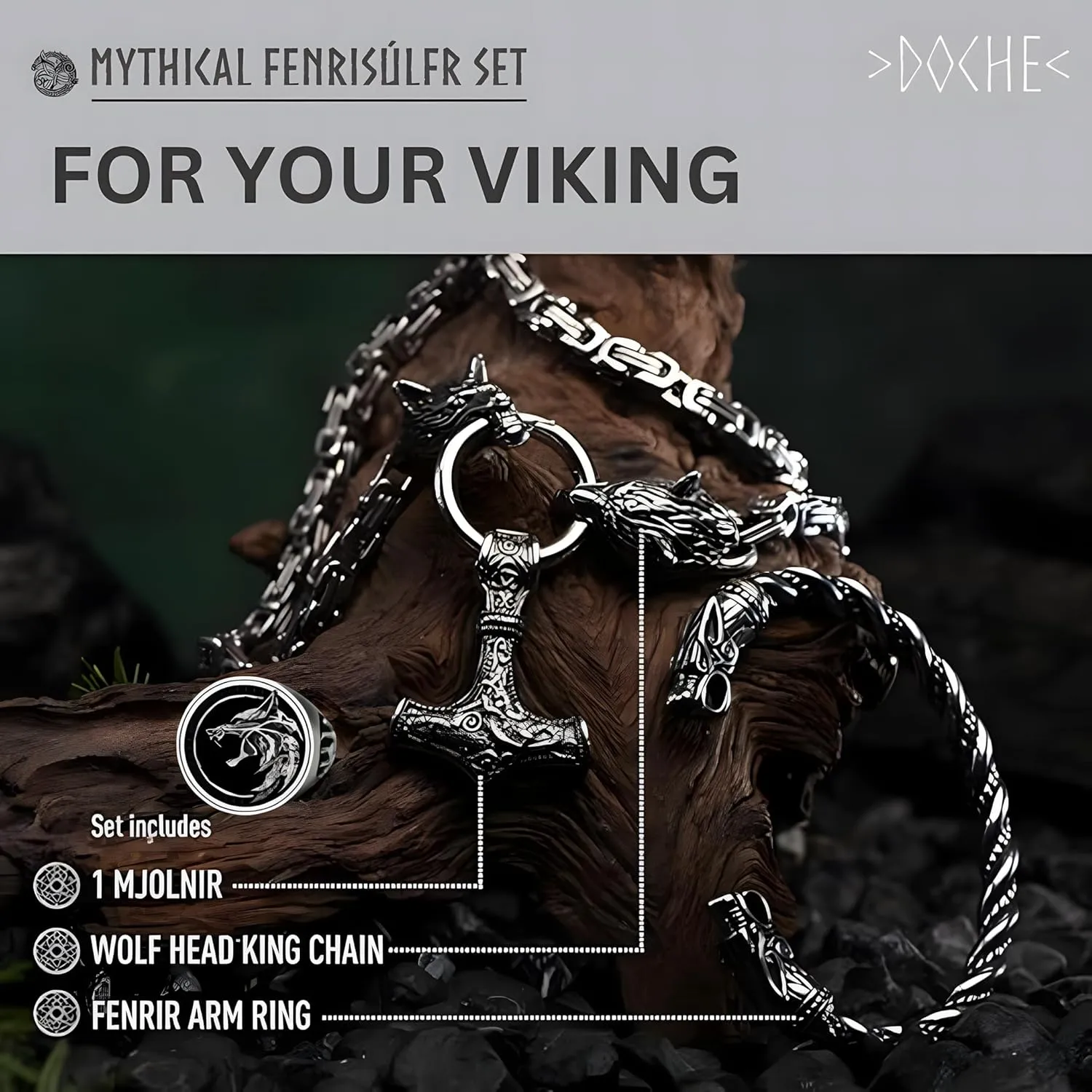 Viking Stainless Steel Wolf Necklace Chain Jewelry Set for Men - Nordic Leather Wrist Bracelet Talisman, Medieval Ghotic Ring - Scandinavian Rune Amulets Accessories - Thor's Hammer Mjolnir, Norse Pendant Jewelry