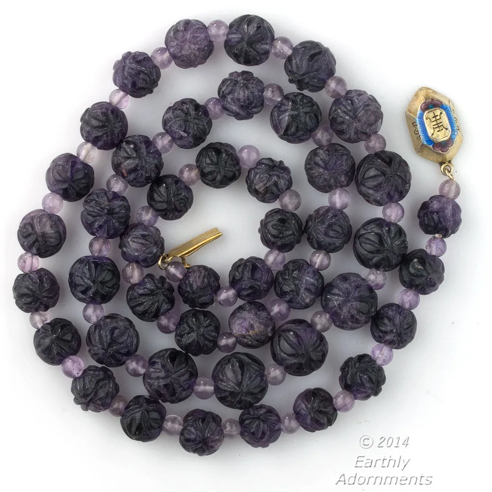 Vintage carved amethyst beaded necklace, graduated, 1970's, Chinese. j-nlbd1049