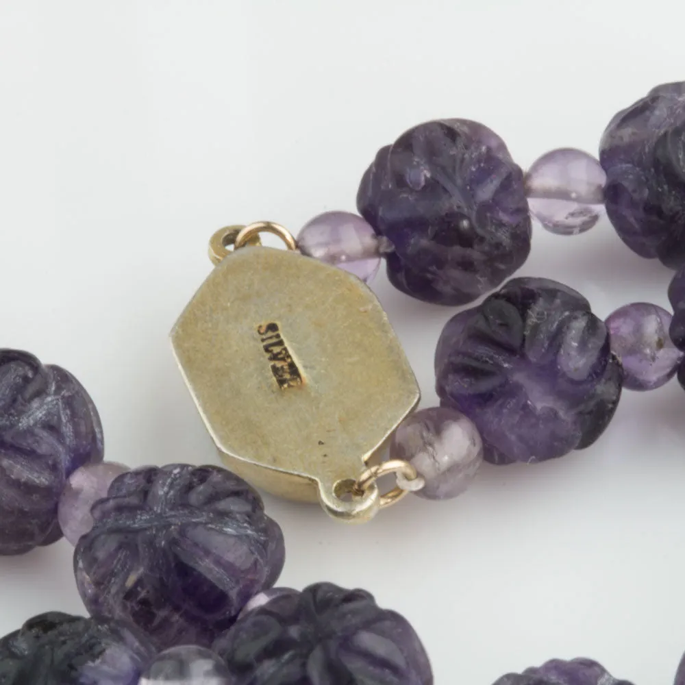 Vintage carved amethyst beaded necklace, graduated, 1970's, Chinese. j-nlbd1049