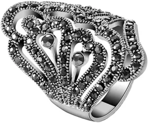 Vintage Fashion Ring Silver Marcasite Flower Crystal Cocktail Statement Rings for Women
