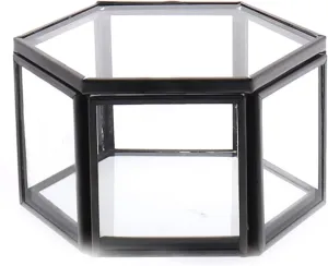 Vintage Glass Jewelry Box - Hexagon Display Box for Storage Earring Trinket Jewelry, Creative Wedding Ring Holder for Proposal Engagement U2-GRB001-Black