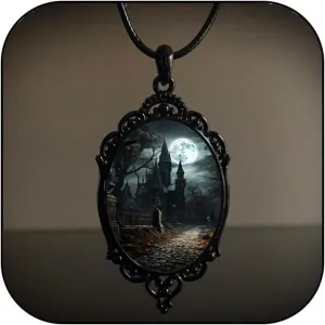 Vintage Goth Pendant Necklaces Gothic Jewelry Mysterious Witch Necklace Gothic Punk Bat Glass Pendant Necklace Halloween Dark Style Jewelry for Men and Women (D:gothic necklace)