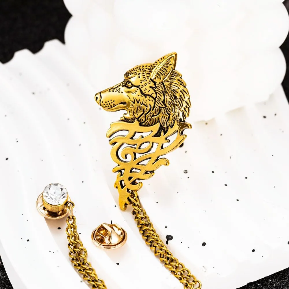 Vintage Wolf Head Suit Pin with Double Hanging Chains Brooch Collar Lapel Pin for Men Shirt Tuxedo Tie Stud Tassel Accessories Jewelry Gifts